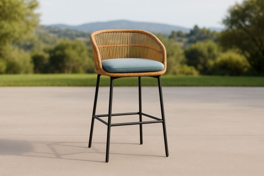 Chaise de bar en rotin avec coussin en polyester bleu et cadre en métal