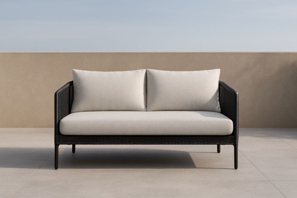 Canapé extérieur deux places en résine tressée, coussins déhoussables Beige/Noir