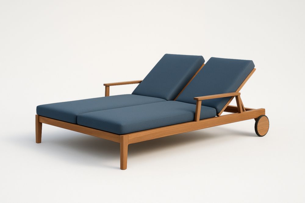 Transat double de jardin en bois de teck avec coussin en polyester bleu