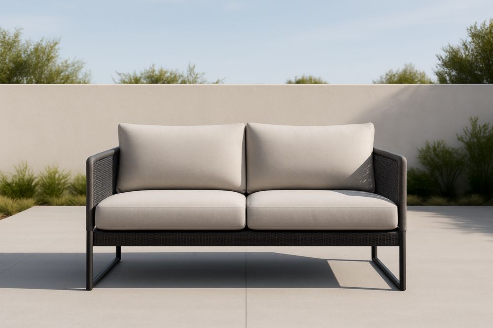 Canapé d'extérieur 2 places en résine tressée et coussins en polyester 150x80x70 cm