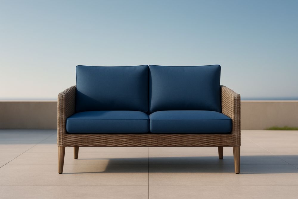 Canapé deux places rotin coussins polyester bleu