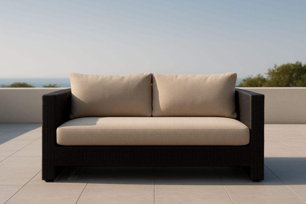 Canapé d'extérieur 2 places en rotin synthétique noir avec coussins beiges