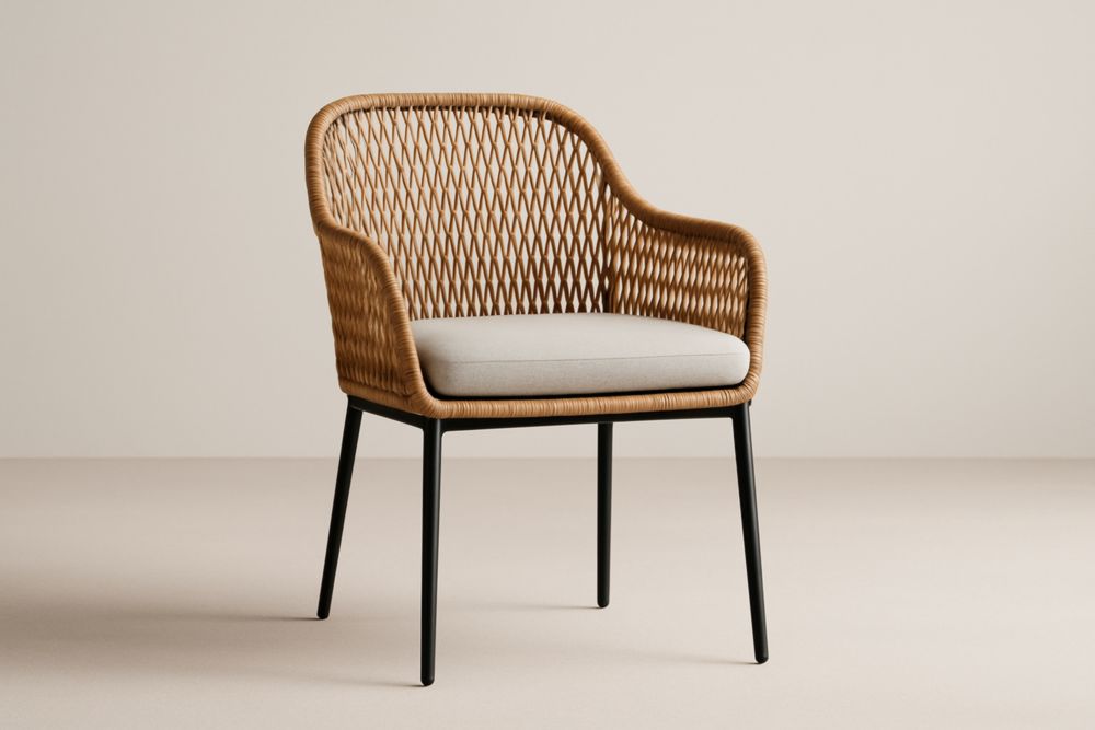 Chaise de jardin en acier avec dossier en rotin et coussin gris