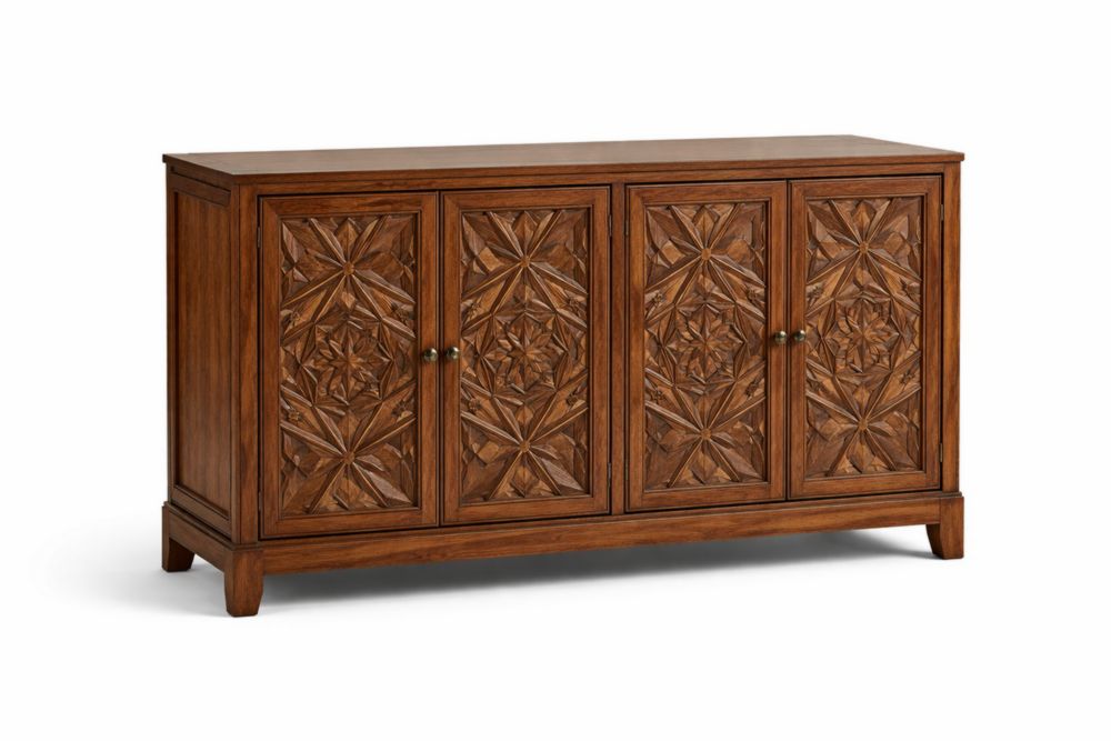 Buffet en bois massif marron sculpté 4 portes