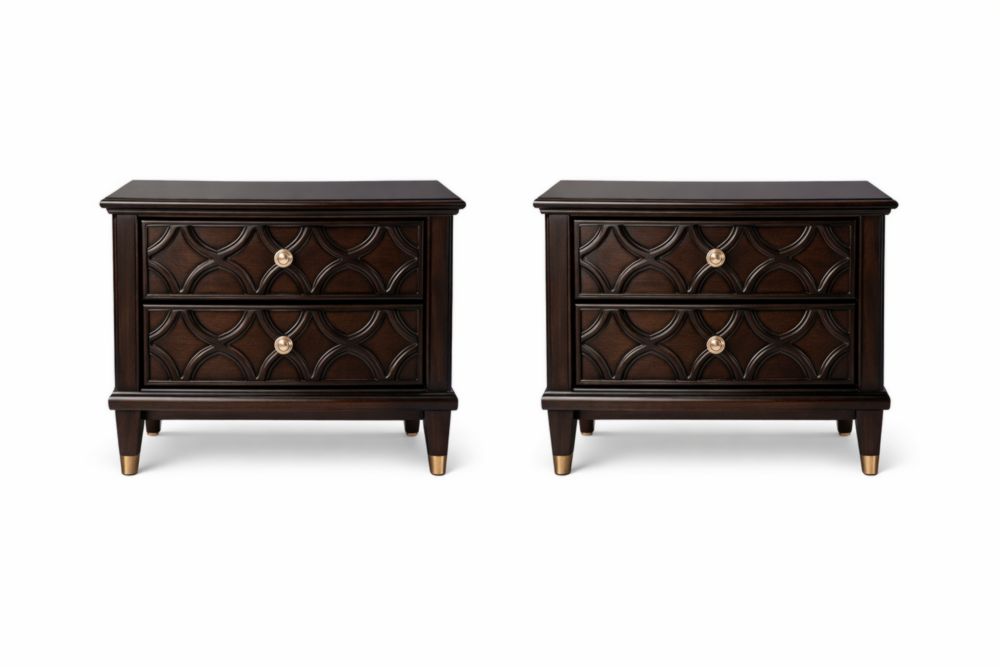 Ensemble de Deux Tables de Chevet en Bois Foncé avec Tiroirs Géométriques 76x70x40 cm