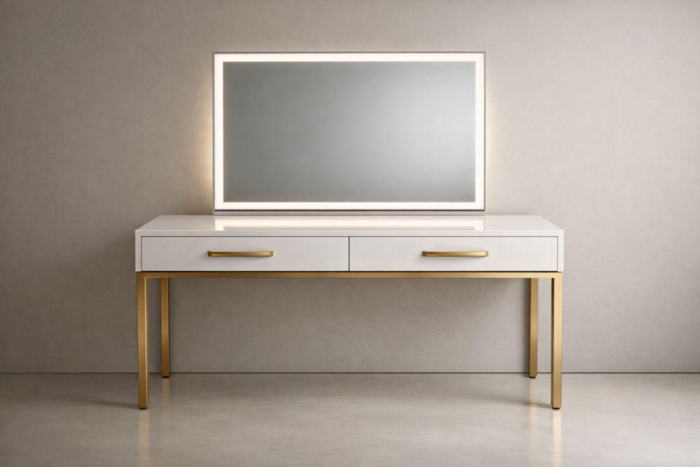 Coiffeuse blanche avec tiroirs et miroir éclairé en acier et verre