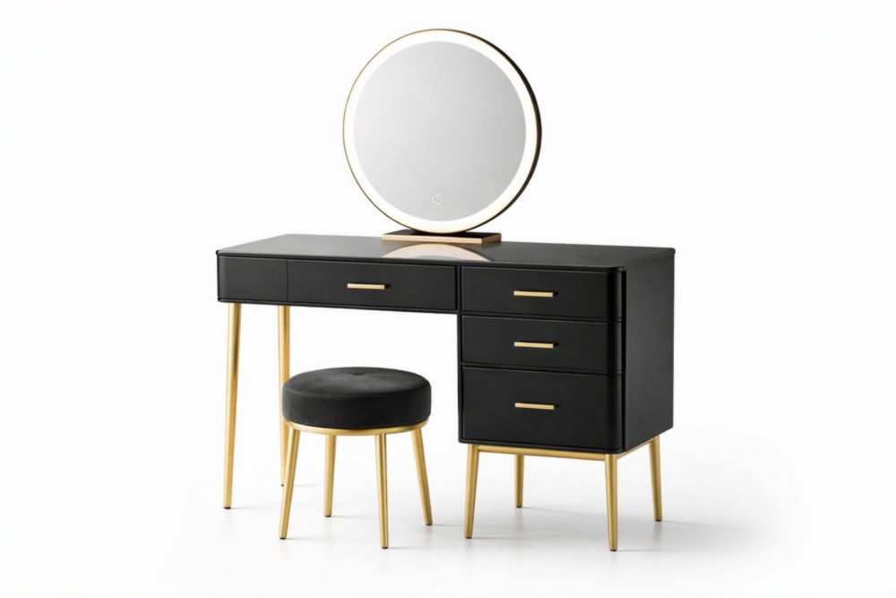 Coiffeuse Noire avec Miroir LED Rond et Tabouret en Velours