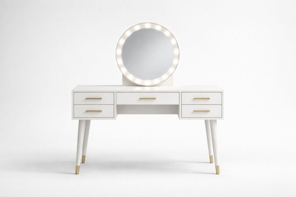 Coiffeuse blanche avec miroir rond éclairé et tiroirs