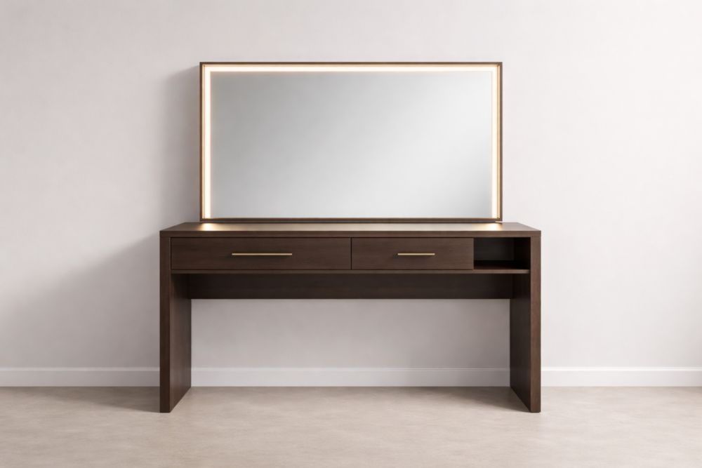 Coiffeuse en bois massif foncé avec miroir LED