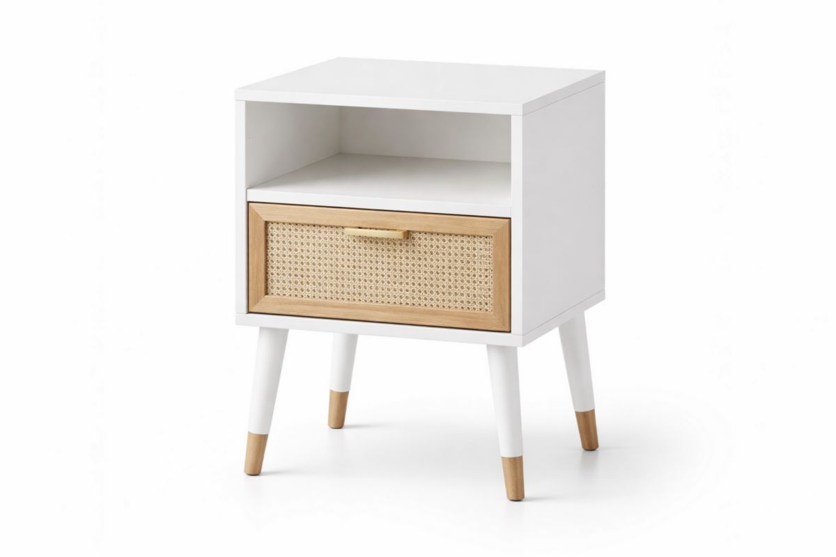 Table de chevet en bois massif blanc et rotin avec tiroir