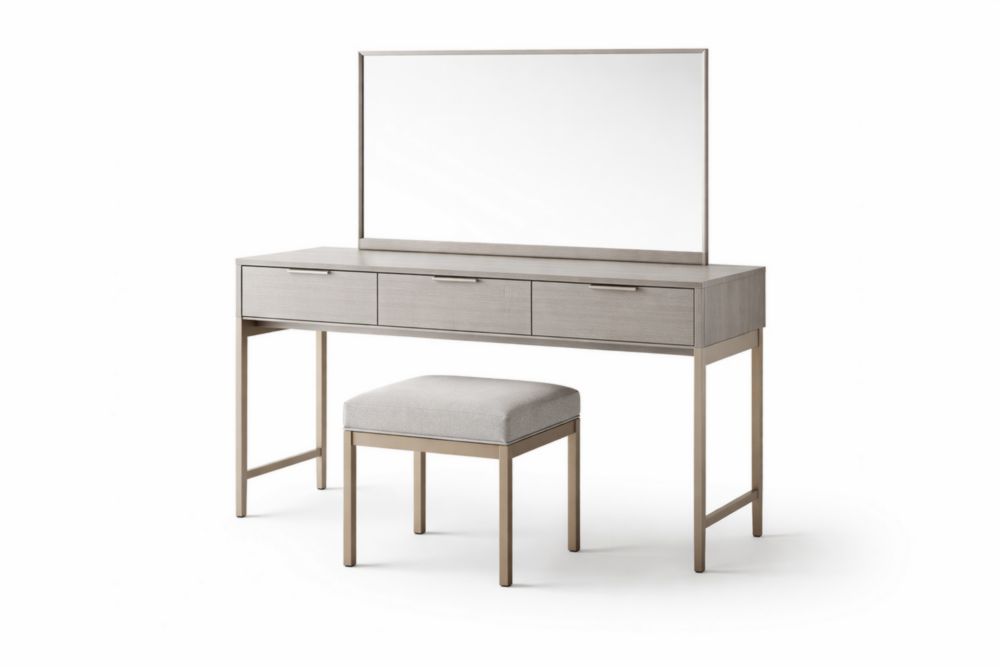 Coiffeuse avec miroir et tabouret gris à trois tiroirs en bois d'ingénierie