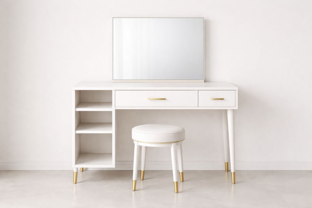 Ensemble Coiffeuse avec Miroir et Tabouret Blanc en MDF et Aluminium