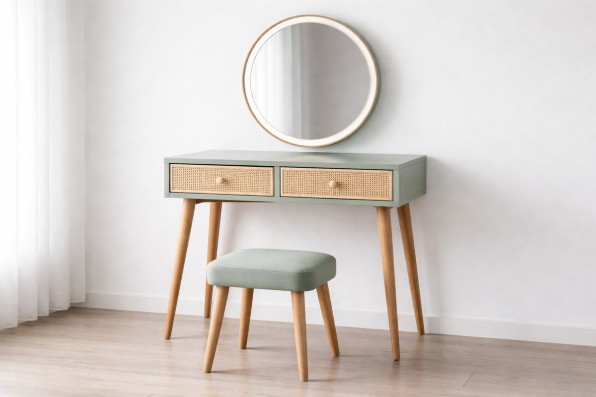 Coiffeuse avec miroir rond, tabouret, bois massif et rotin vert