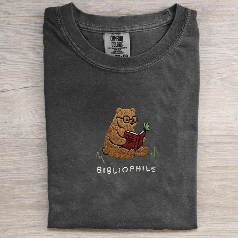 Bibliophile Bear Reading Book Embroidered T-shirt