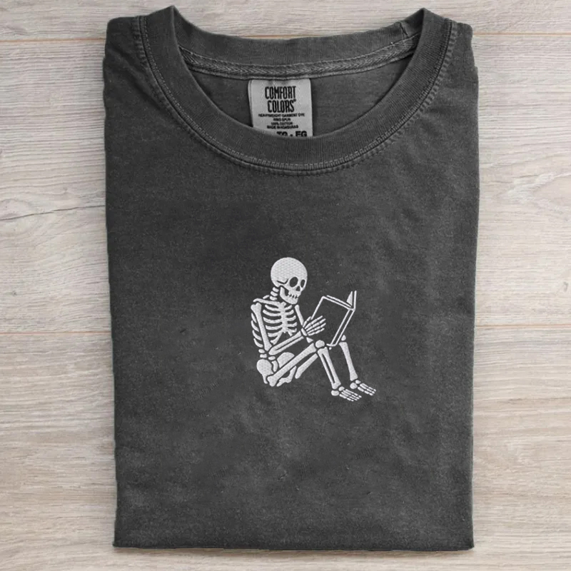 Skeleton reading Embroidered T-shirt