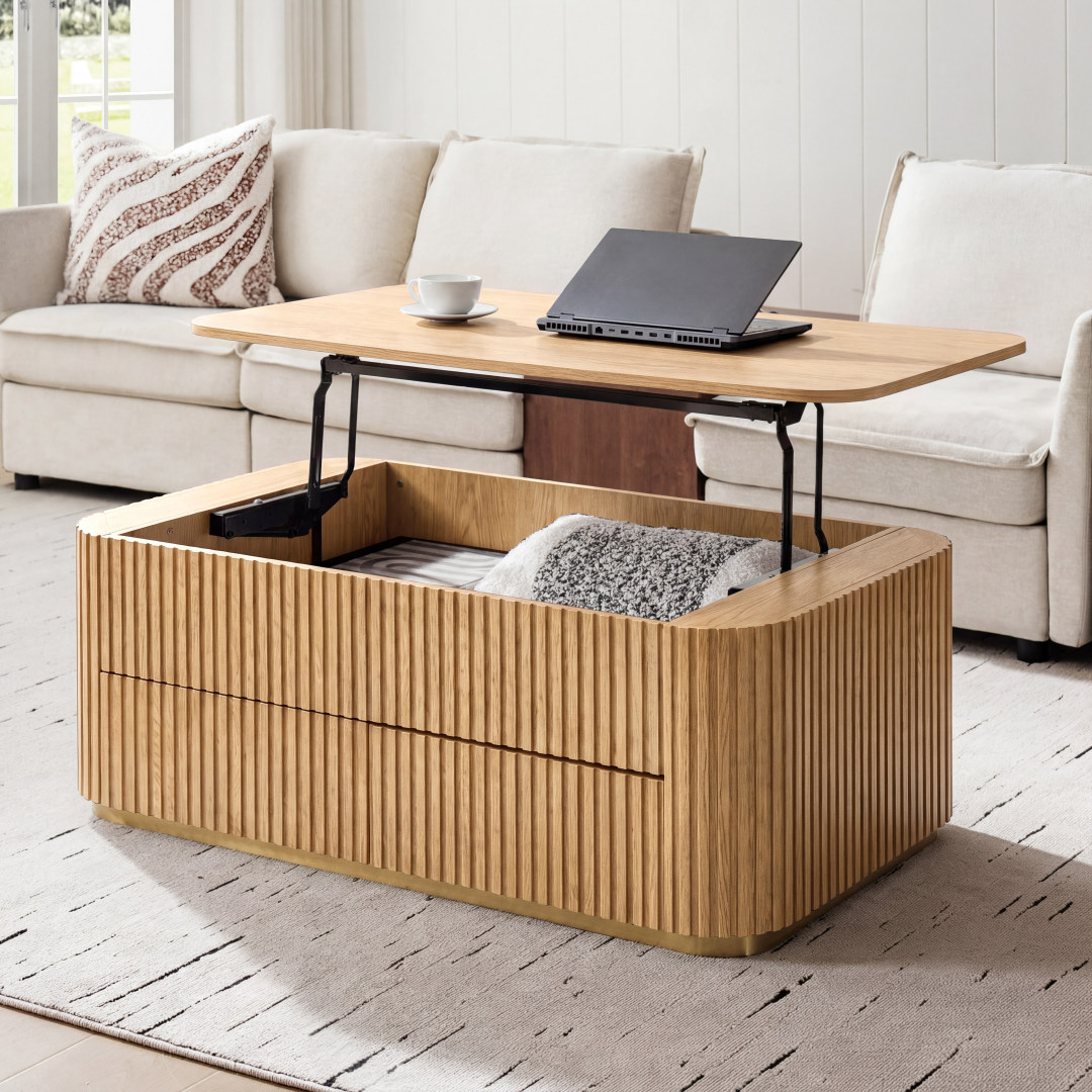 Multifunctional Slatted Design Lift-Top Coffee Table with Hidden Storage and Drawers