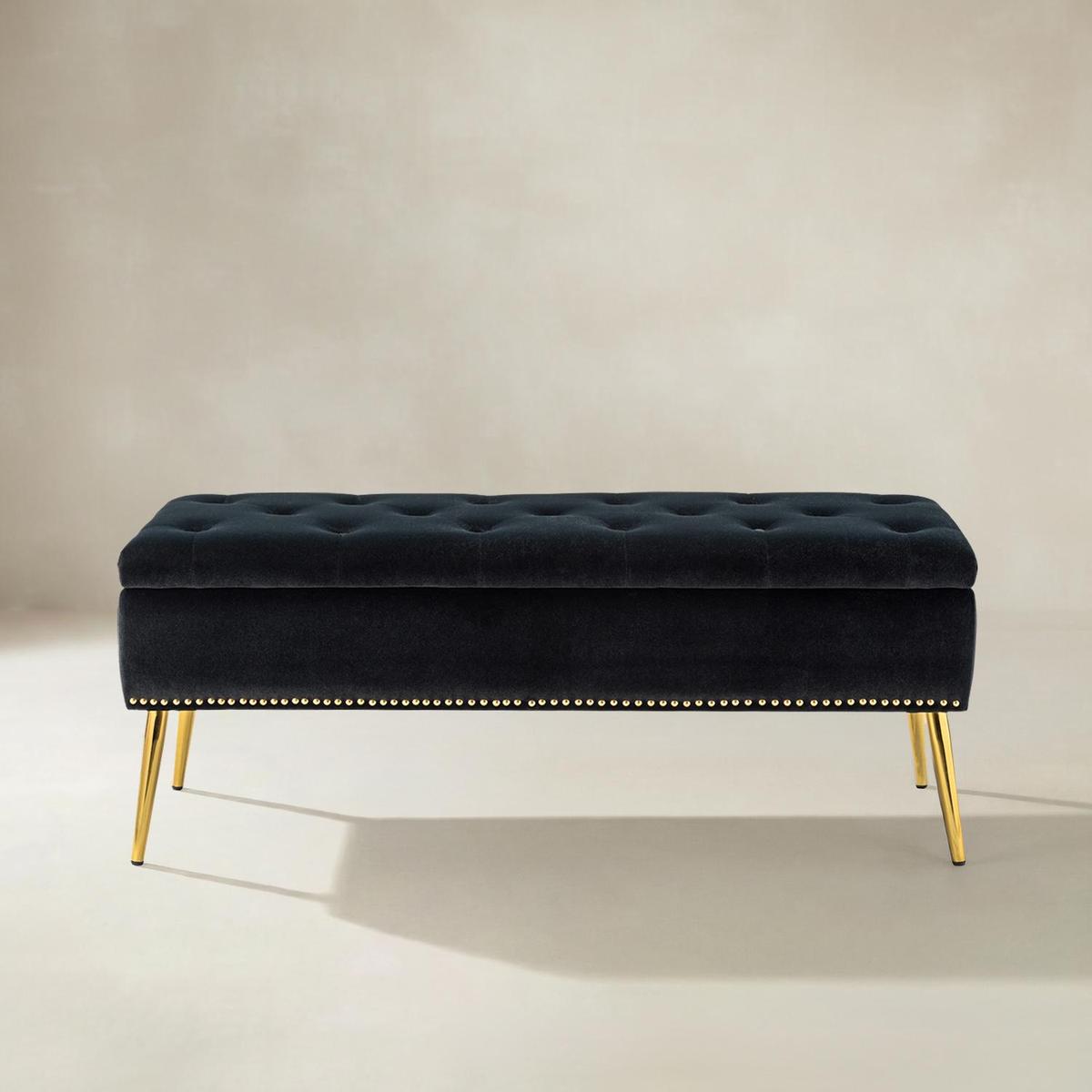 Lenore Velvet Upholstered Storage Bench with Gold Base & Nailhead Trim