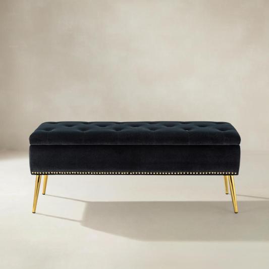 Lenore Velvet Upholstered Storage Bench with Gold Base &amp; Nailhead Trim