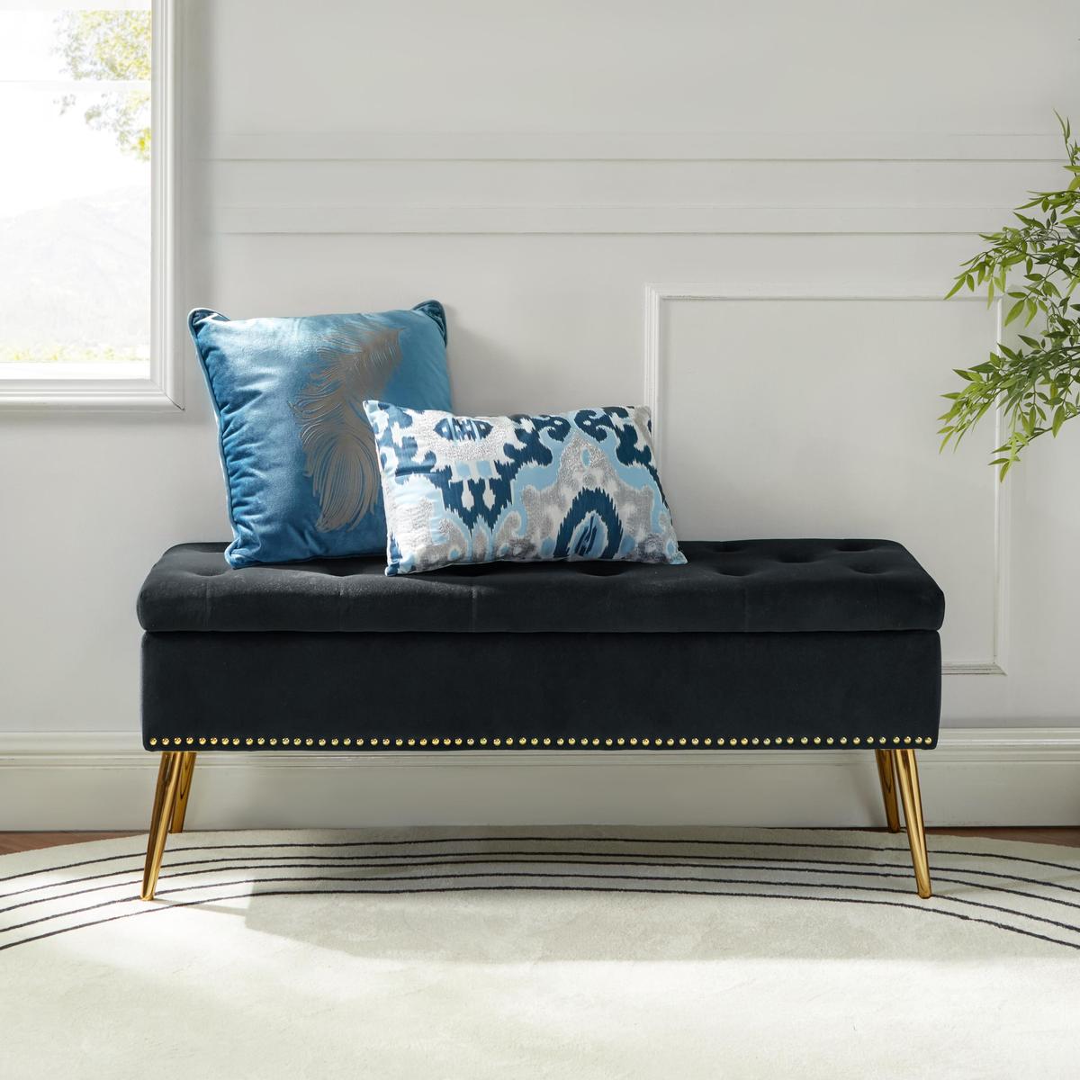 Lenore Velvet Upholstered Storage Bench with Gold Base & Nailhead Trim