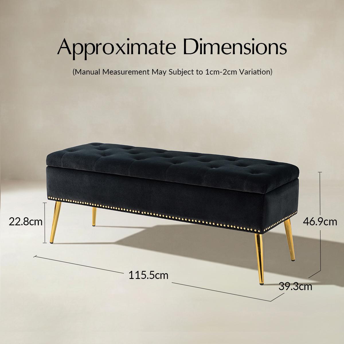 Lenore Velvet Upholstered Storage Bench with Gold Base & Nailhead Trim