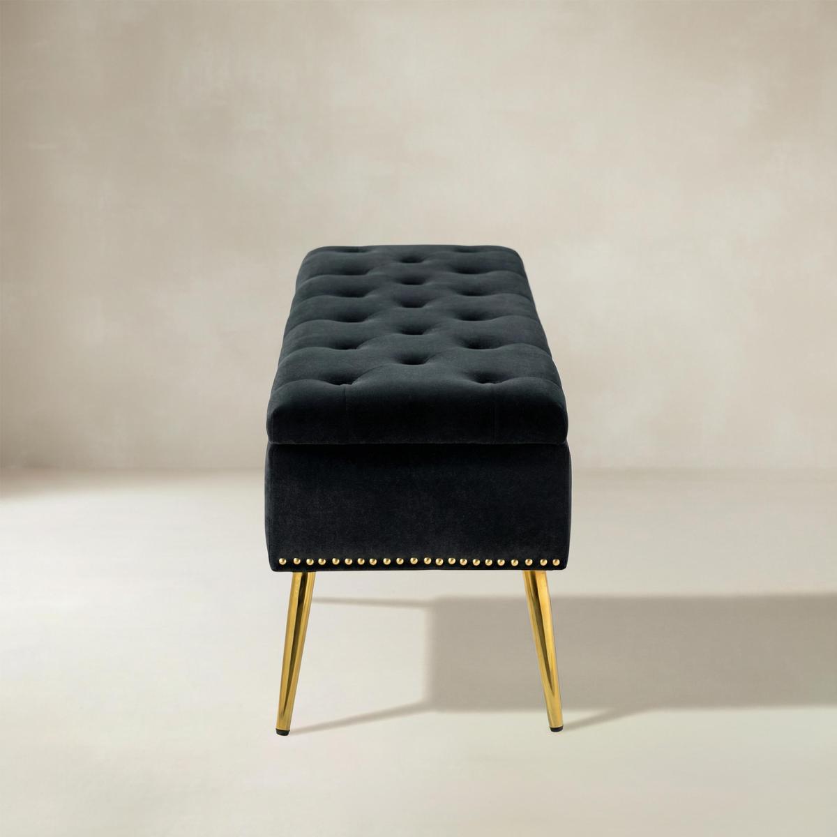 Lenore Velvet Upholstered Storage Bench with Gold Base & Nailhead Trim