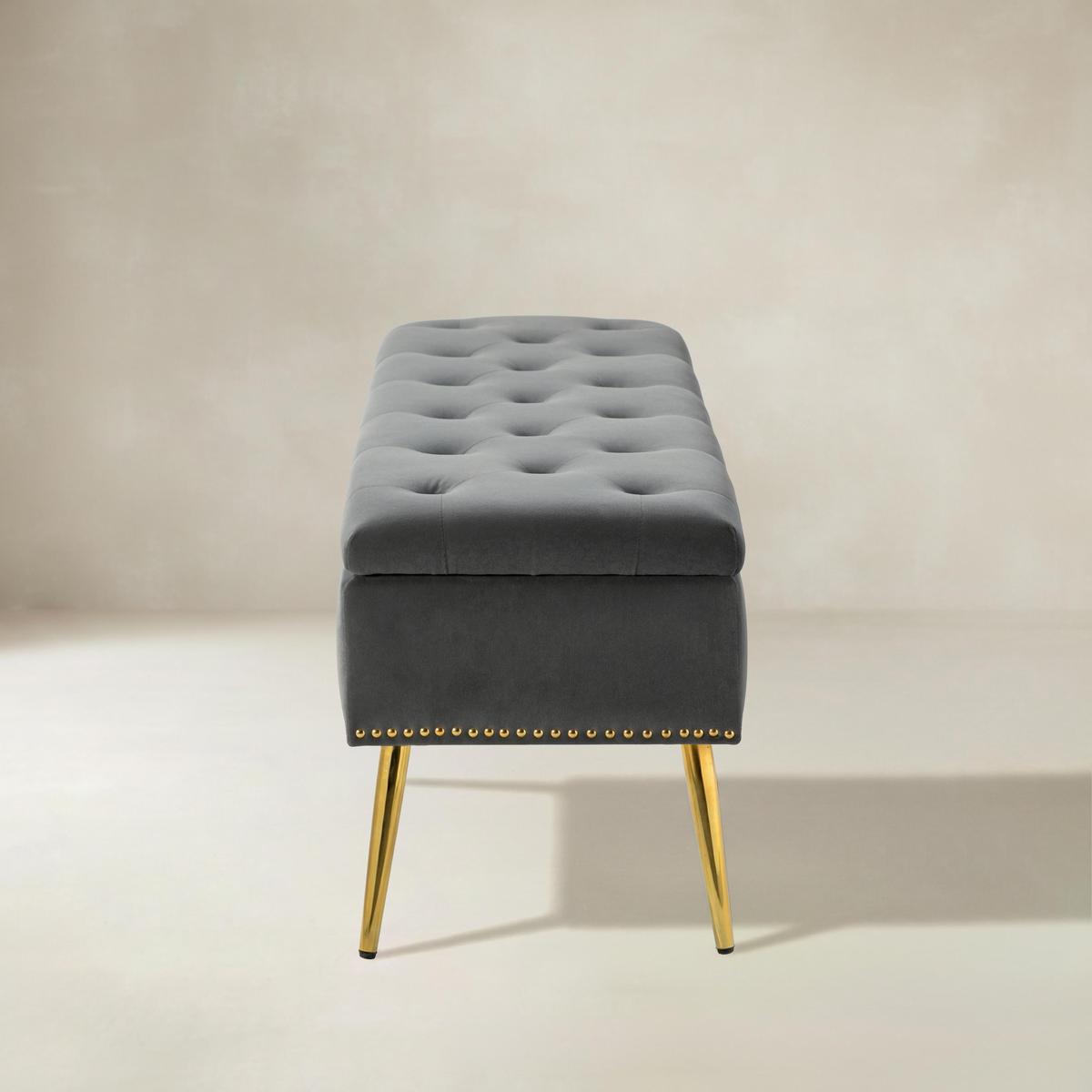 Velvet Upholstered Storage Bench with Gold Base & Nailhead Trim
