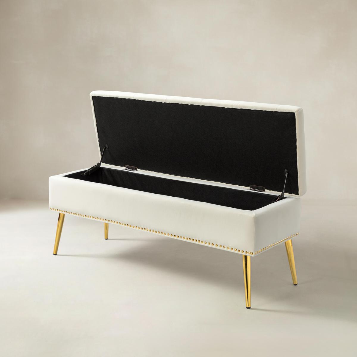 Lenore Velvet Upholstered Storage Bench with Gold Base & Nailhead Trim