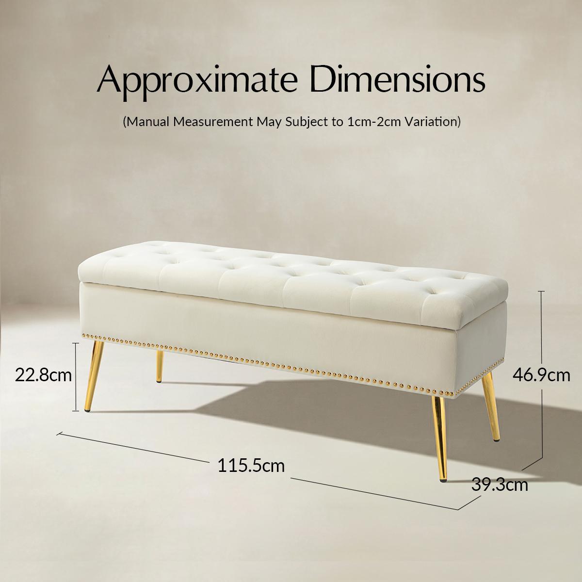 Lenore Velvet Upholstered Storage Bench with Gold Base & Nailhead Trim