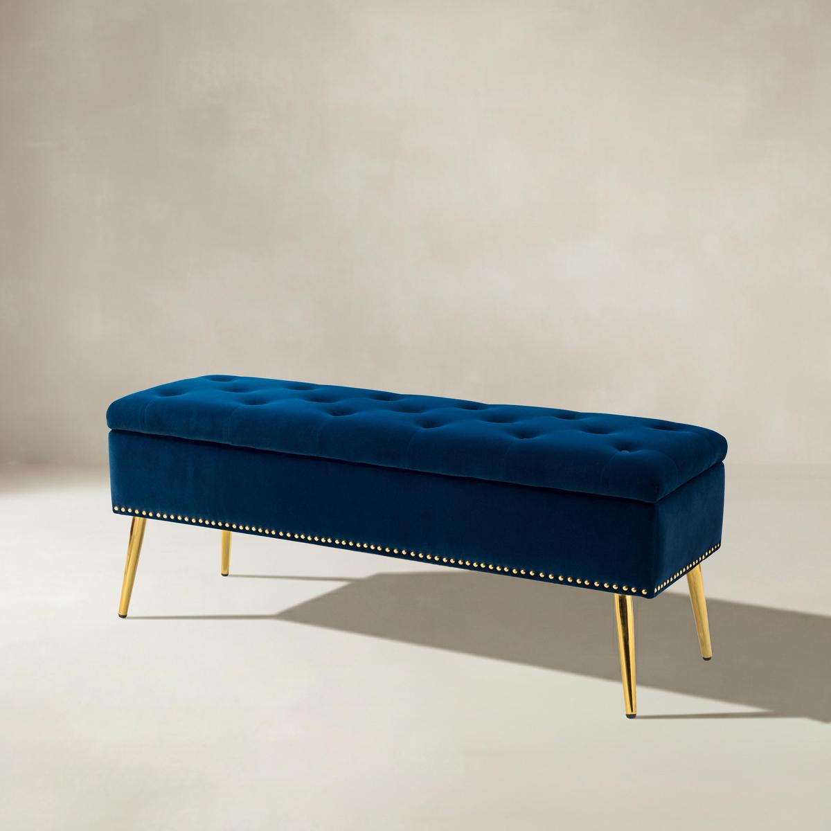 Lenore Velvet Upholstered Storage Bench with Gold Base & Nailhead Trim