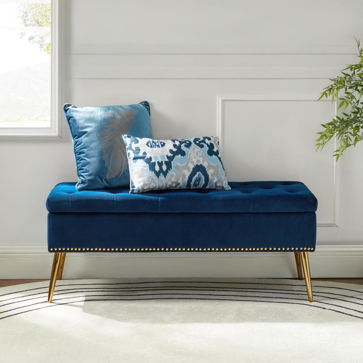 Lenore Velvet Upholstered Storage Bench with Gold Base & Nailhead Trim