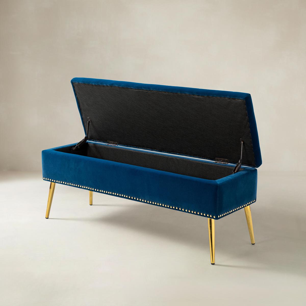 Lenore Velvet Upholstered Storage Bench with Gold Base & Nailhead Trim