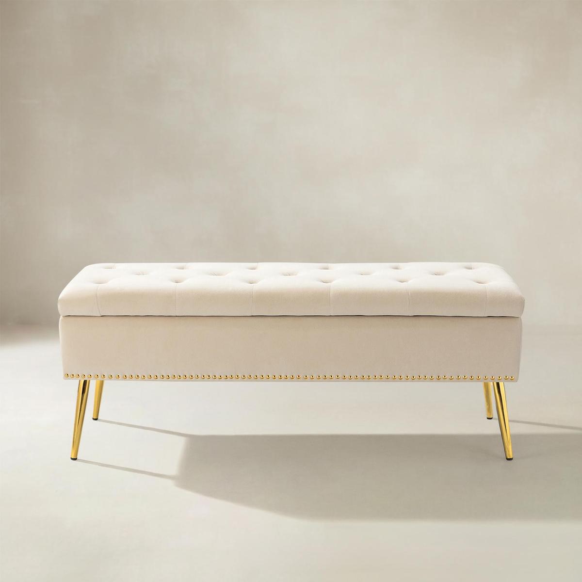 Lenore Velvet Upholstered Storage Bench with Gold Base & Nailhead Trim