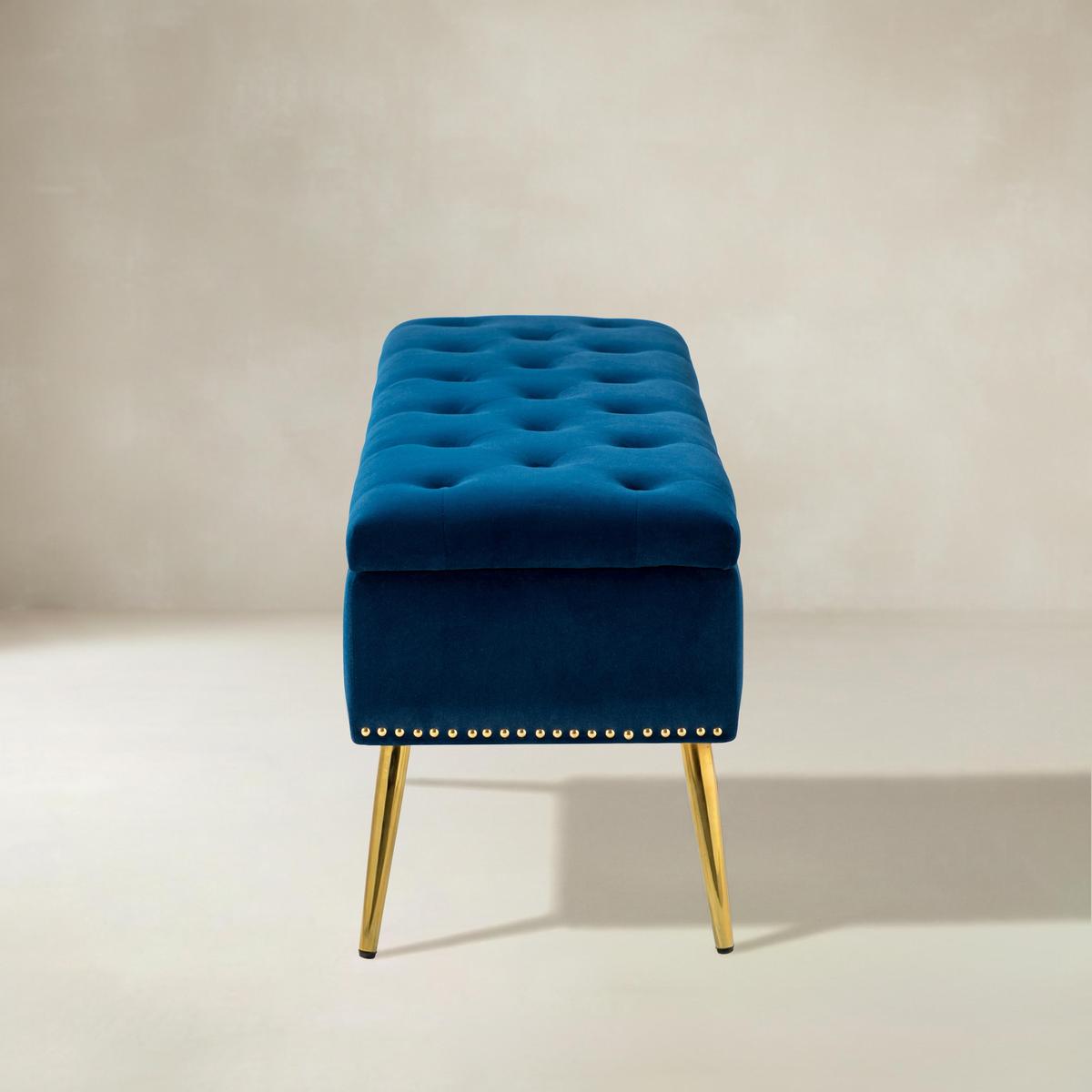 Lenore Velvet Upholstered Storage Bench with Gold Base & Nailhead Trim