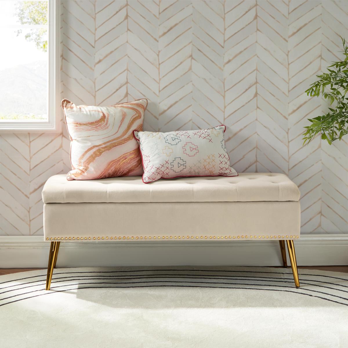 Lenore Velvet Upholstered Storage Bench with Gold Base & Nailhead Trim