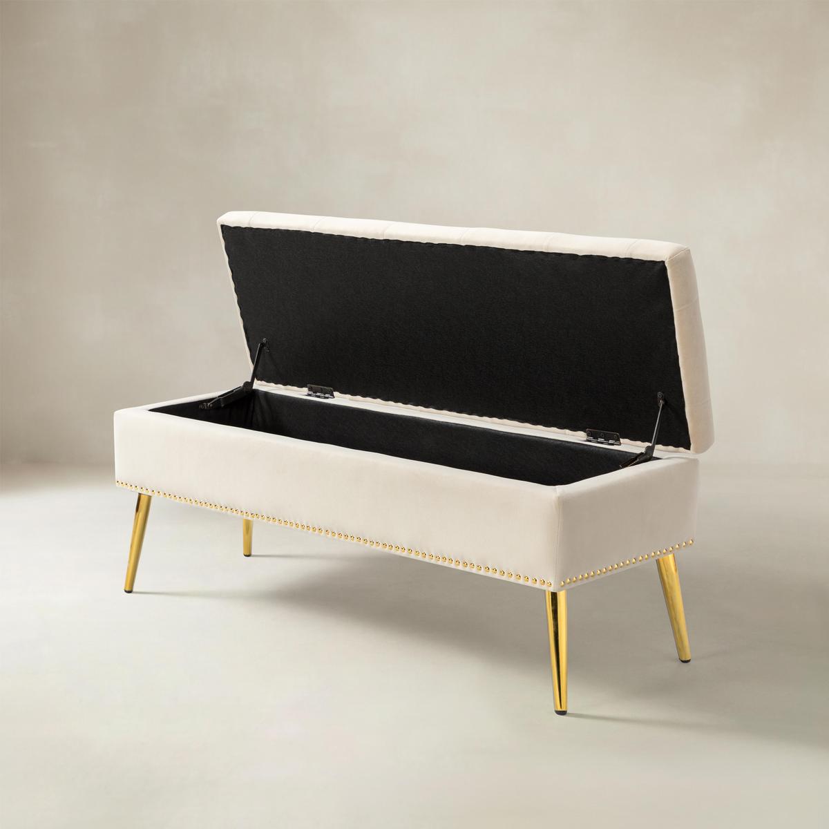 Lenore Velvet Upholstered Storage Bench with Gold Base & Nailhead Trim