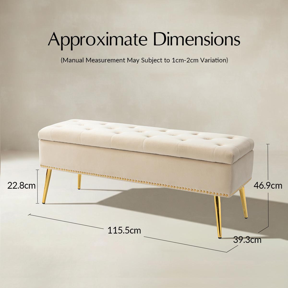 Lenore Velvet Upholstered Storage Bench with Gold Base & Nailhead Trim
