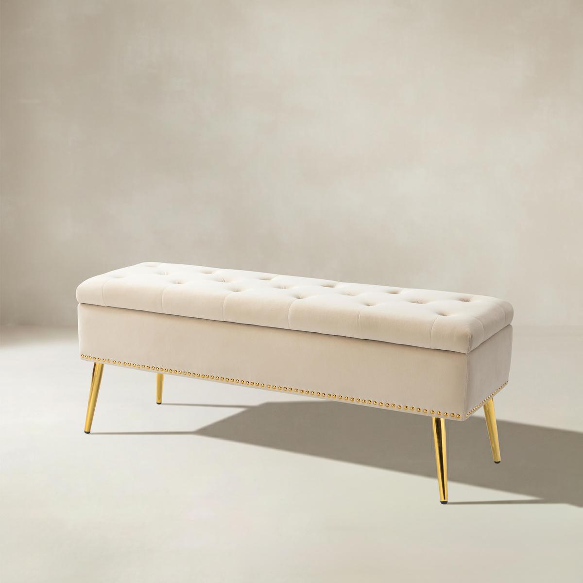 Lenore Velvet Upholstered Storage Bench with Gold Base & Nailhead Trim