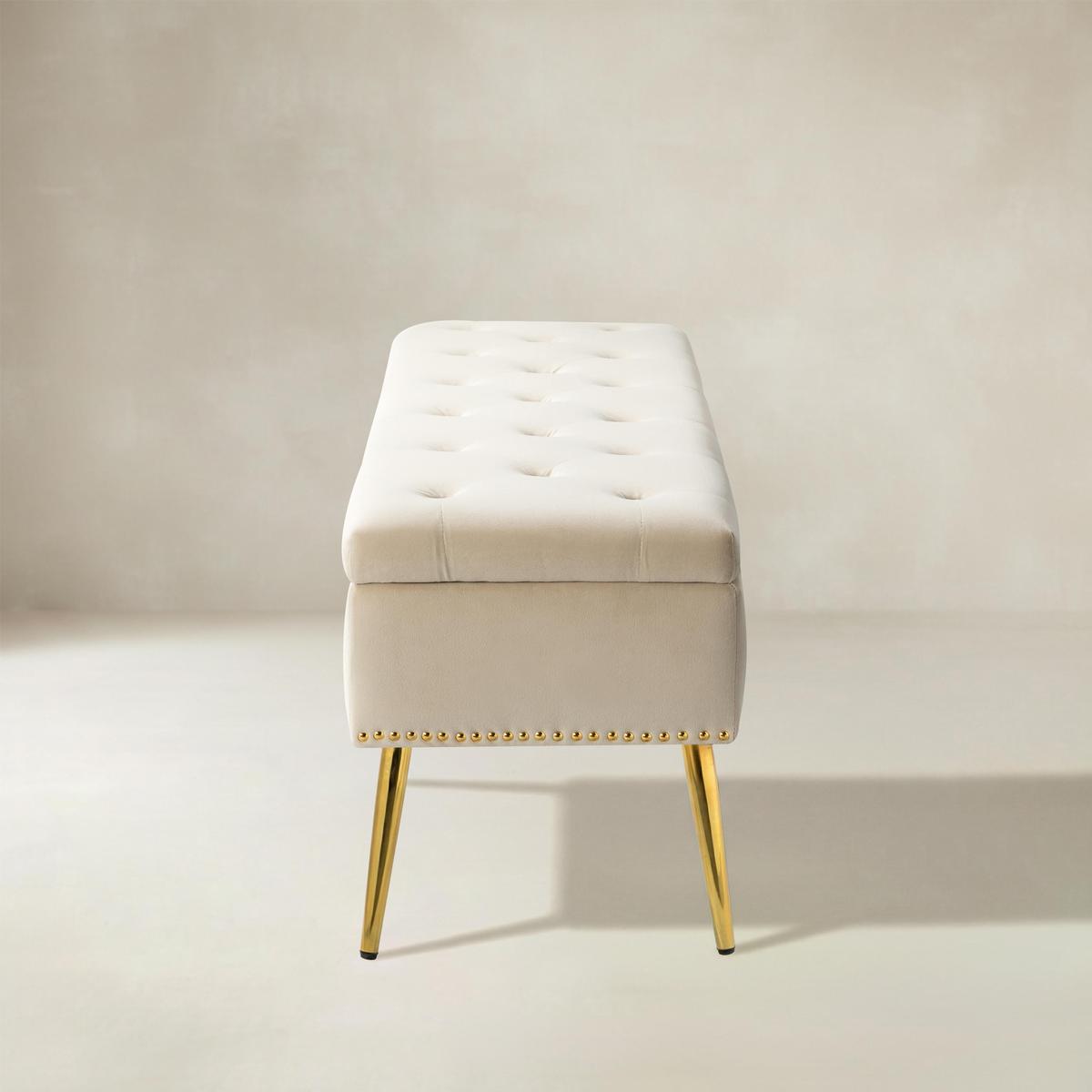 Lenore Velvet Upholstered Storage Bench with Gold Base & Nailhead Trim