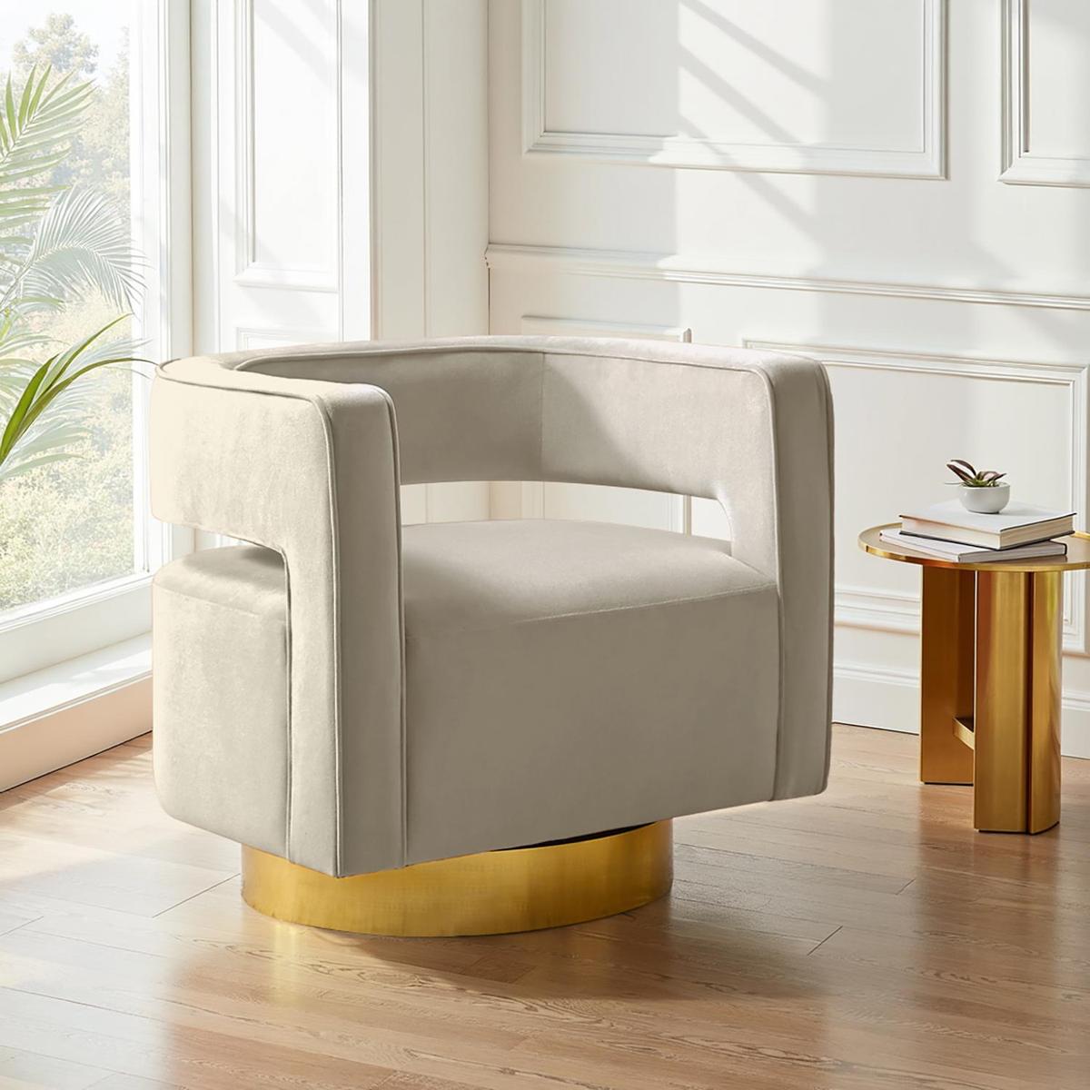 Agata Modern Velvet Swivel Barrel Armchair with 3D Curved Open Back