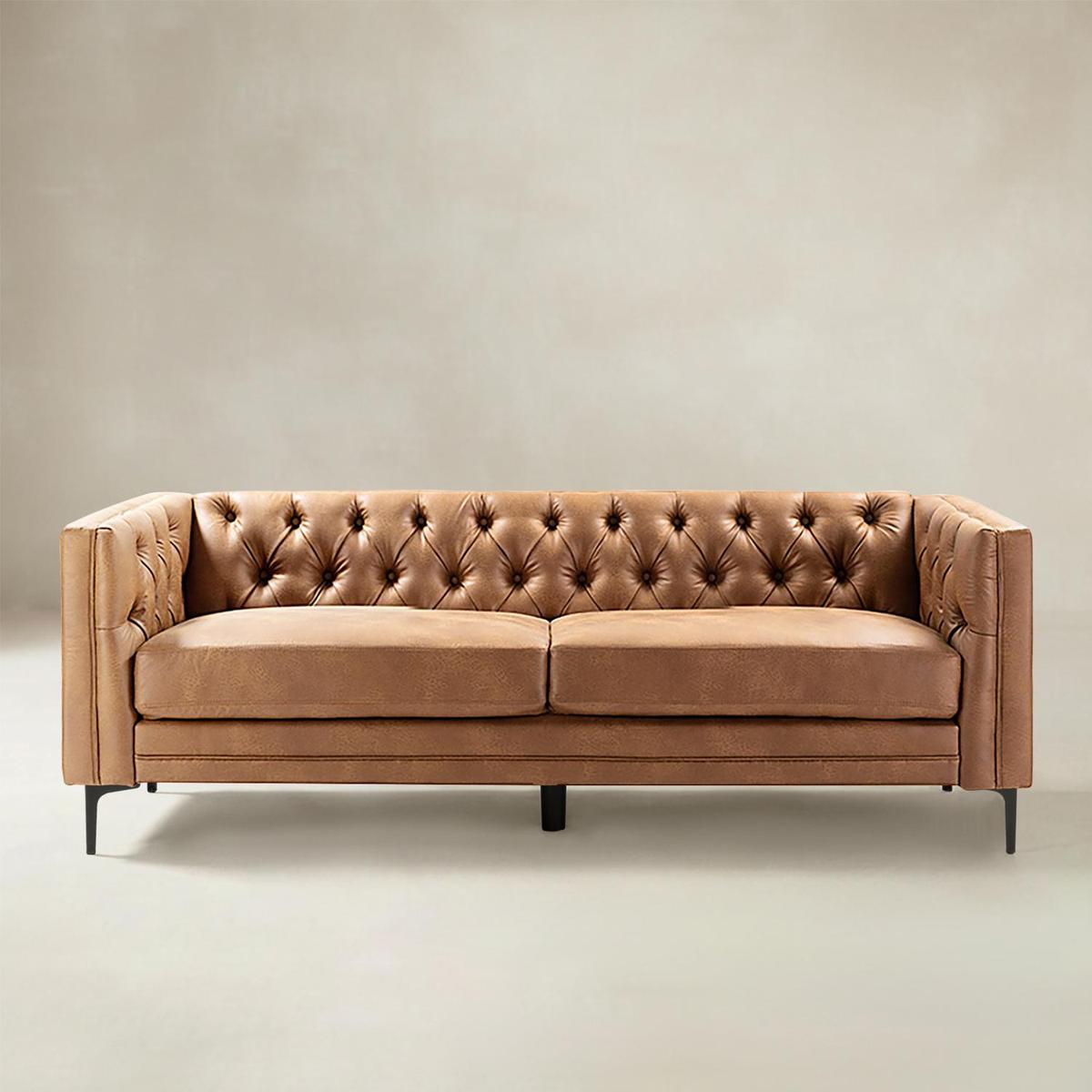 Vegan Leather Mid-century Modern Tufted Sofa