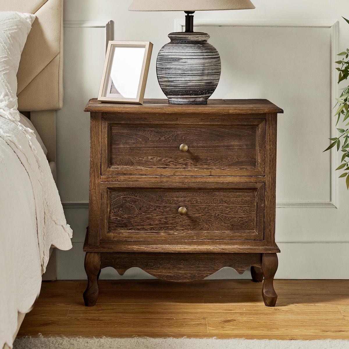 French Country Nightstand with 2 Drawers & Charging Station