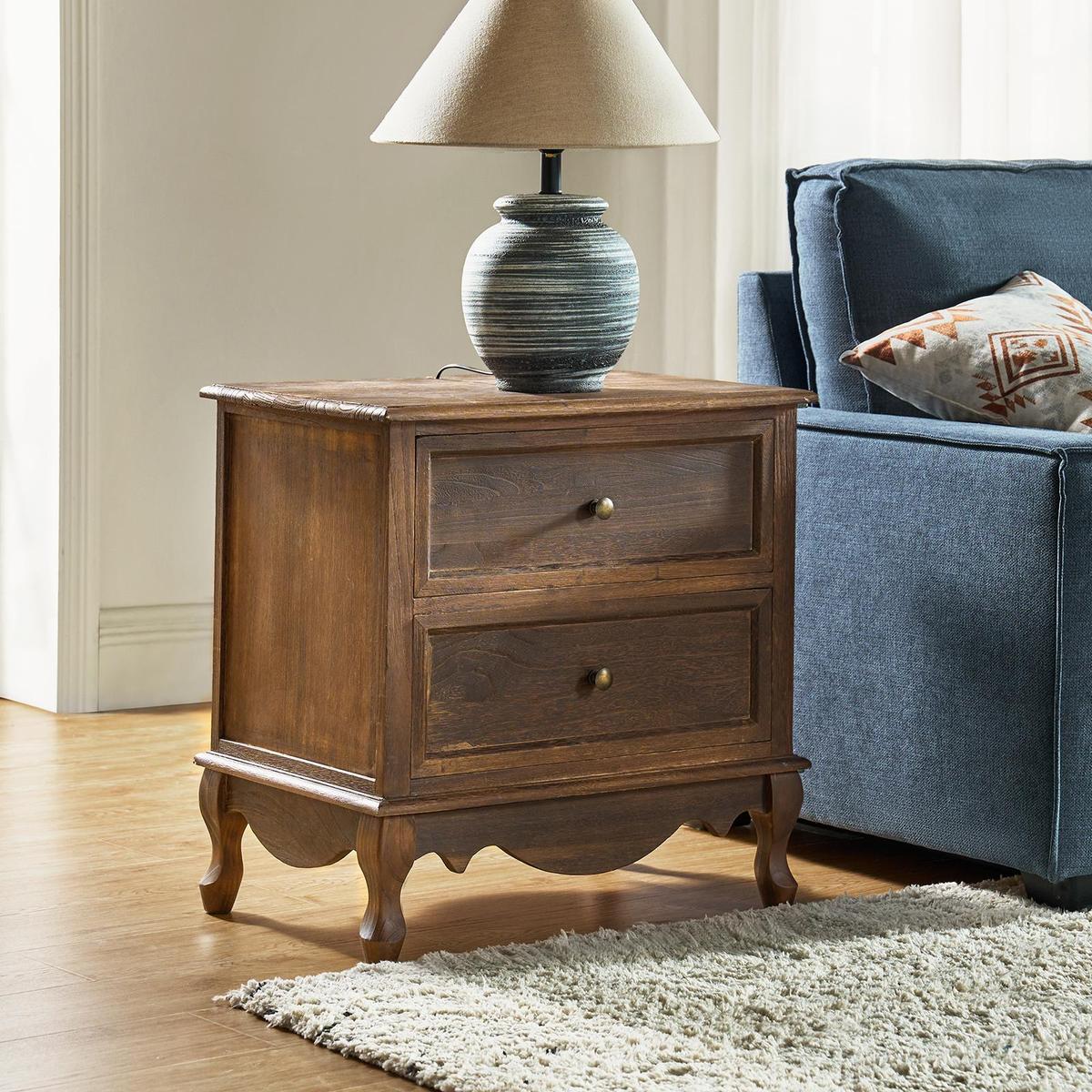 French Country Nightstand with 2 Drawers & Charging Station