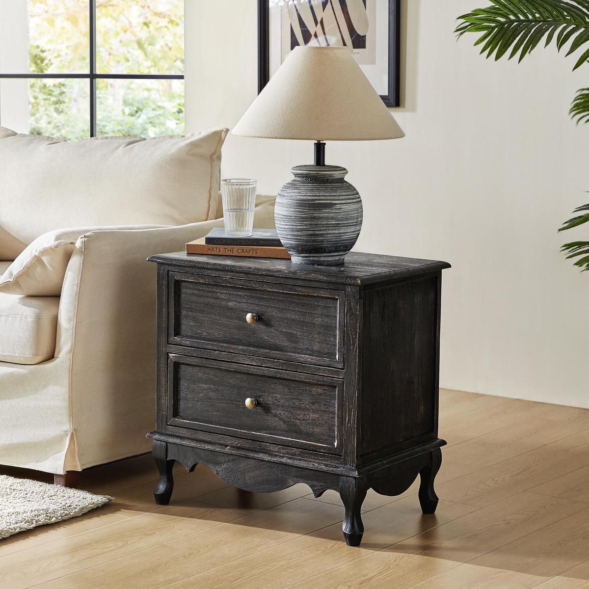 Galatea French Country Bedside Table with 2 Drawers & Charging Station