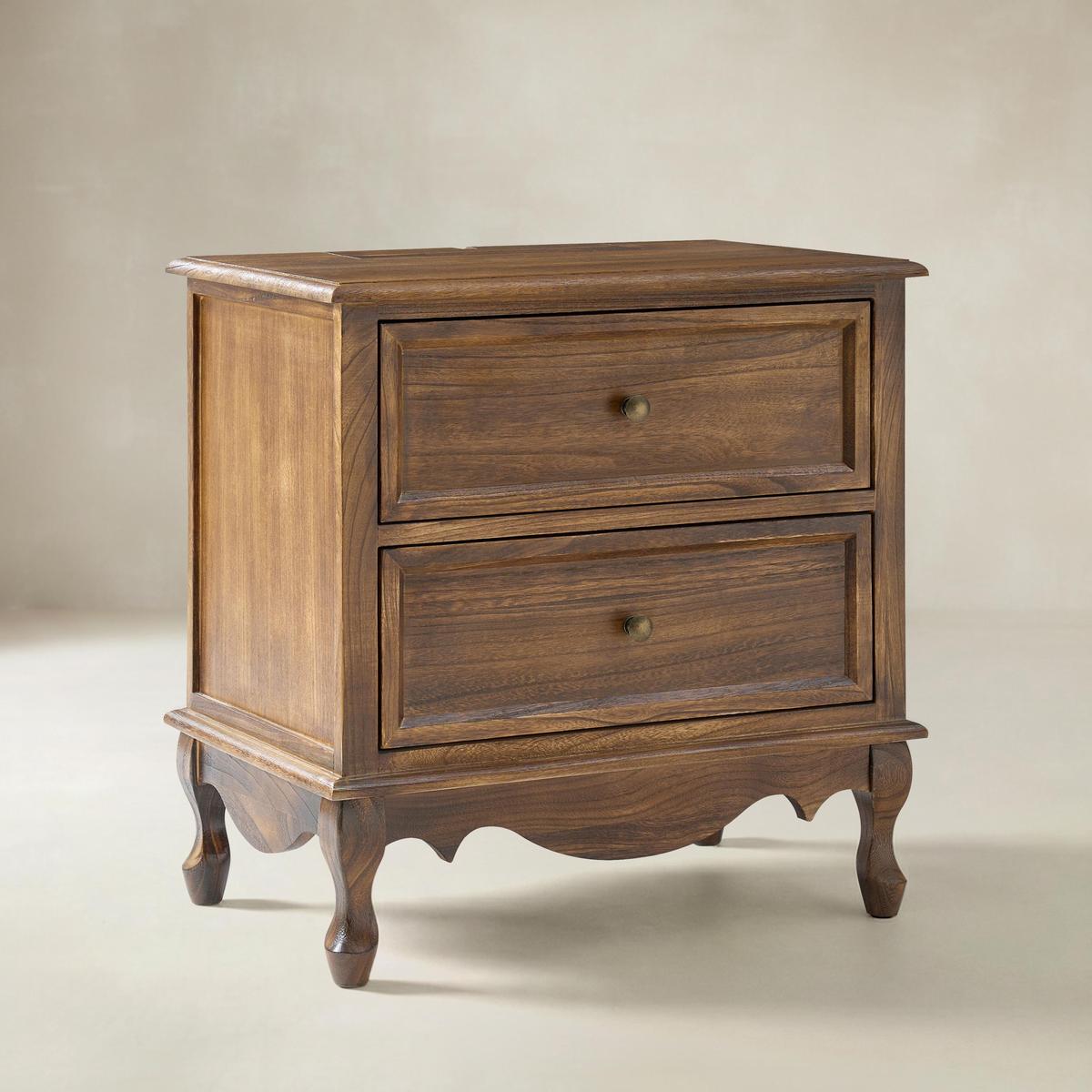 French Country Nightstand with 2 Drawers & Charging Station
