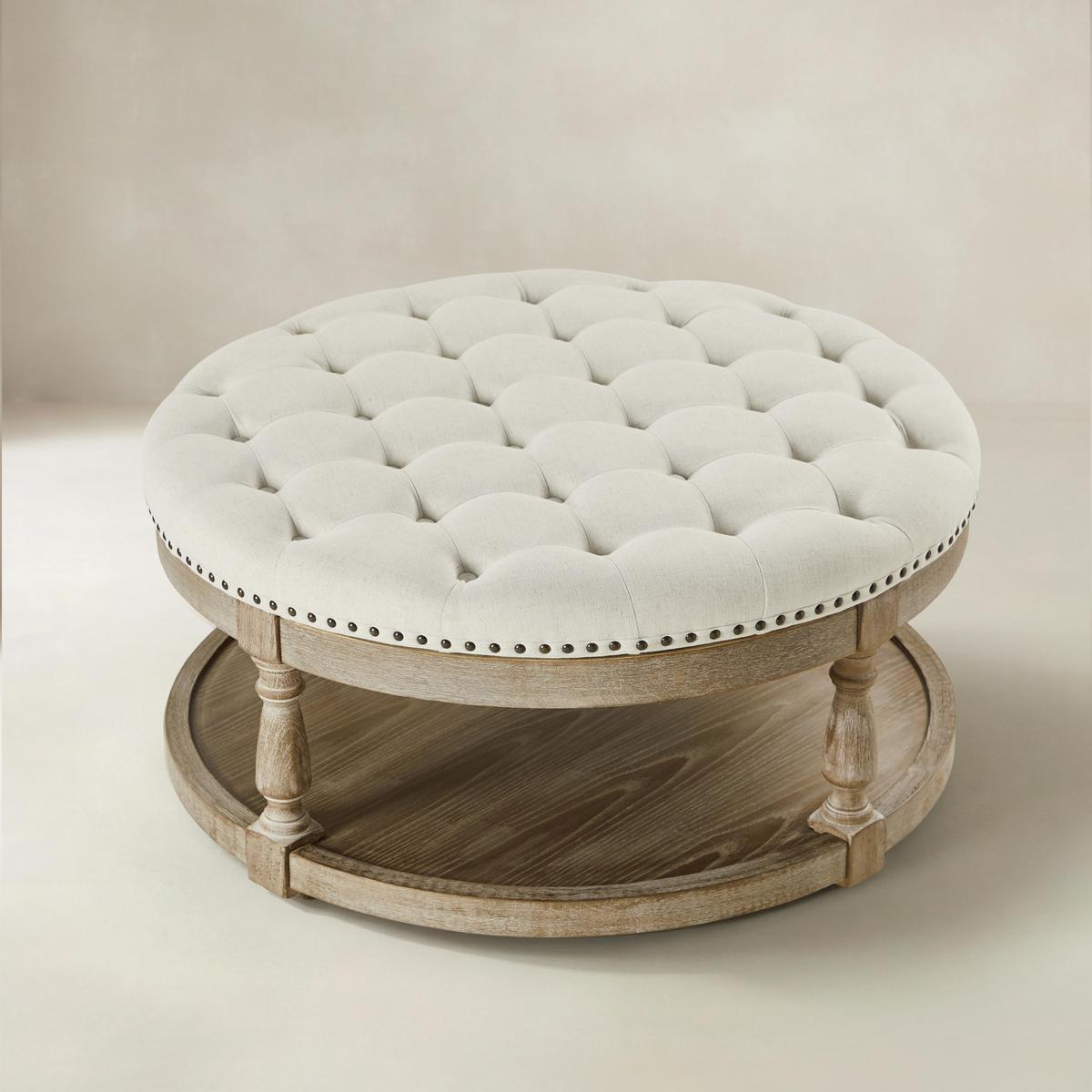 Danilynn Tufted Round Ottoman Coffee Table with Storage Shelf