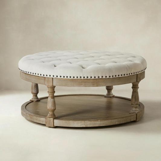 Danilynn Tufted Round Ottoman Coffee Table with Storage Shelf