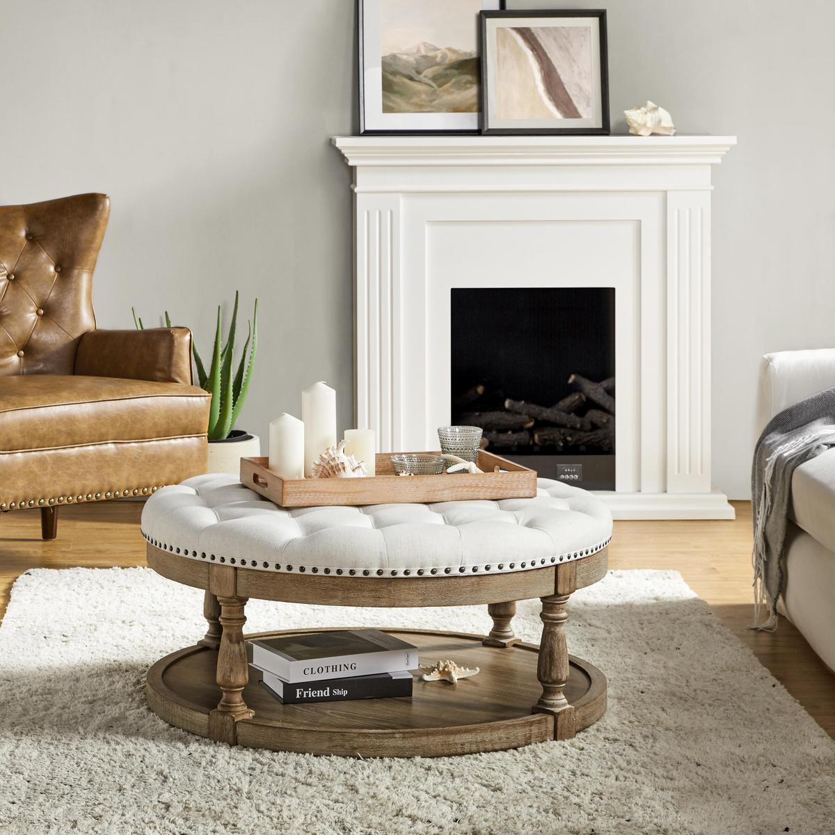 Tufted Round Ottoman Coffee Table with Storage Shelf