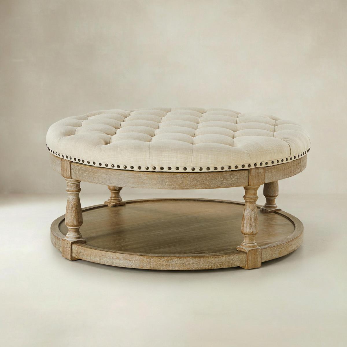 Tufted Round Ottoman Coffee Table with Storage Shelf