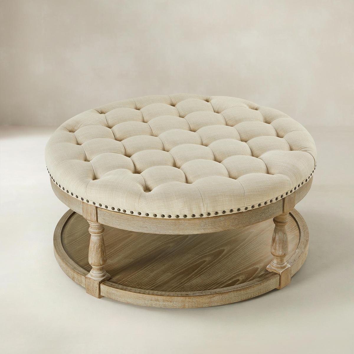 Tufted Round Ottoman Coffee Table with Storage Shelf