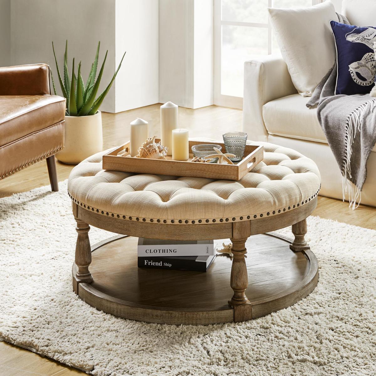 Danilynn Tufted Round Ottoman Coffee Table with Storage Shelf